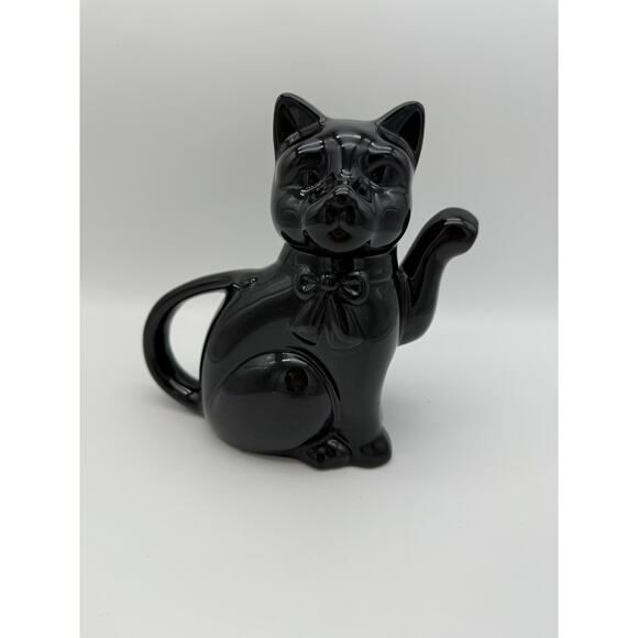 Vintage Albert Kessler Black Glossy Kitty Sitting Lucky Cat Small 7 Tall Teapot - Picture 1 of 8